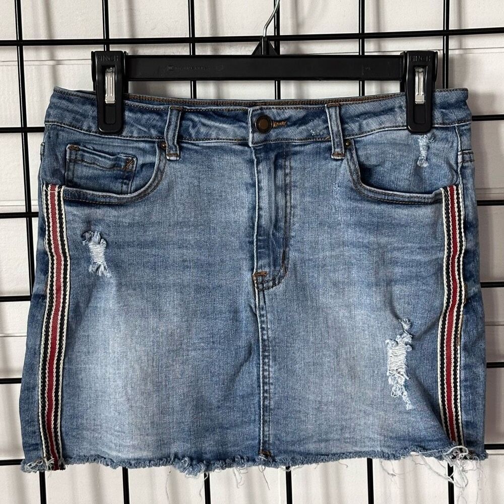 Angel Kiss Jean Skirt Womens L Blue Side Stripe Raw Hem Stretch Festival